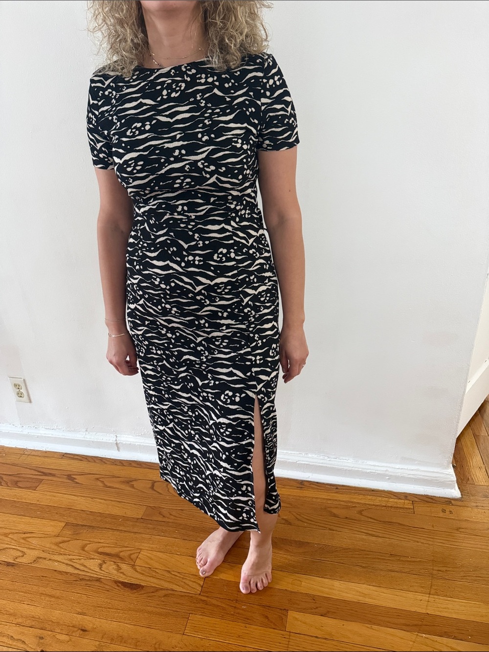 Black and Ivory Abstract Print Midi Dress
